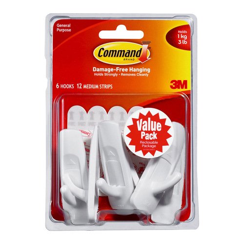 Command Hook 17001-6 Medium White, Value Pack of 6