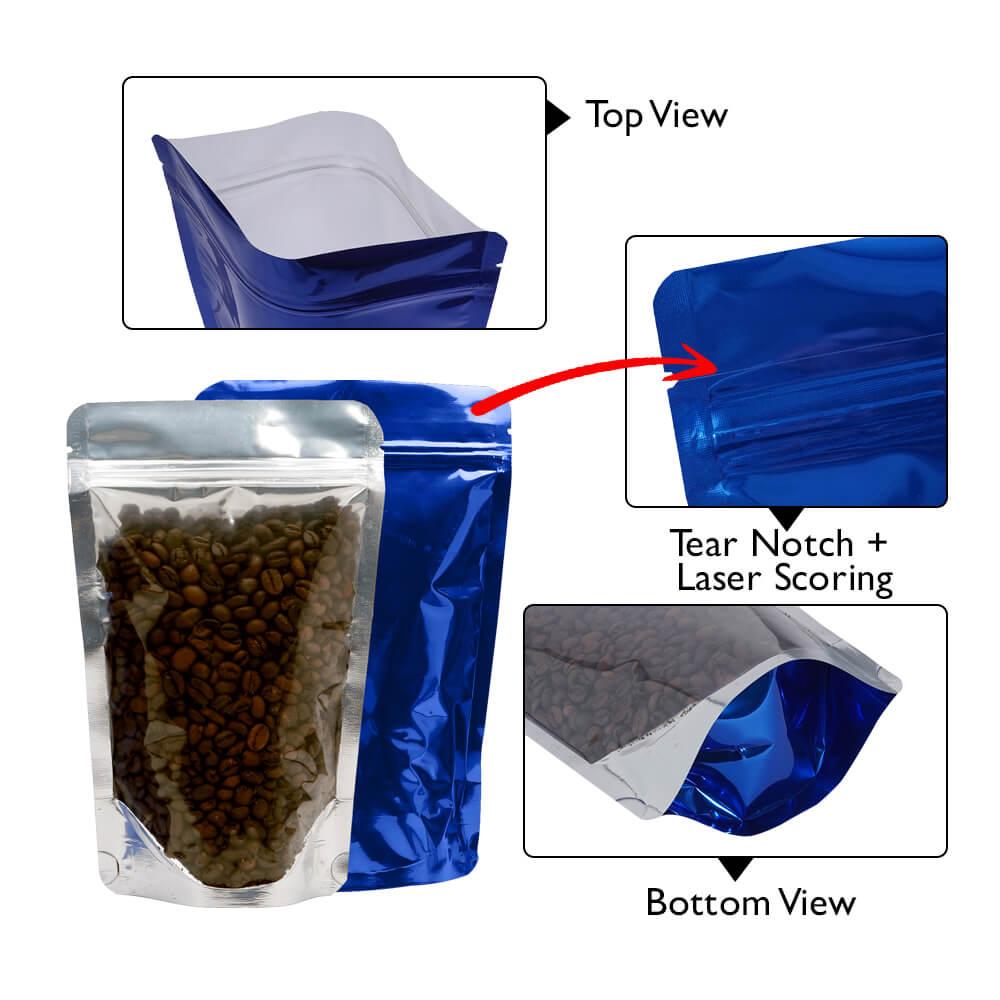 Stand Up Pouch Clear/Shiny Blue 100g w Zip no Valve 120w x 200h x (40 + 40)g