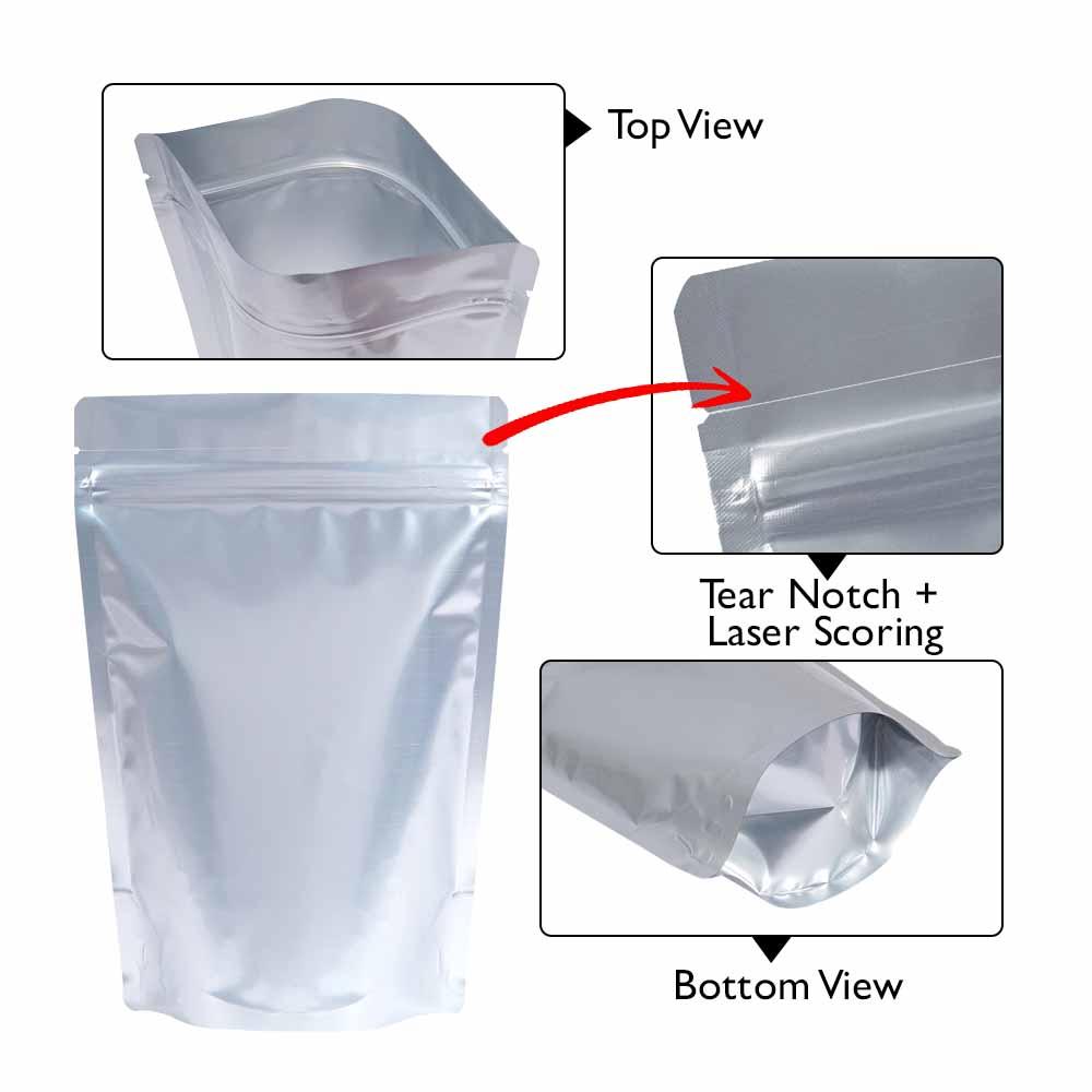 Stand Up Pouch 500g Matt Silver both sides with Zip no Valve 190w x 265h x (55 + 55)g