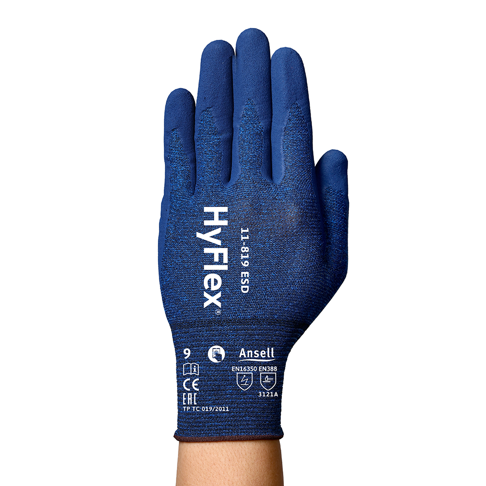Ansell HyFlex 11-819 Foam Nitrile-Coated ESD General Purpose Gloves – Protects Against Electrostatic Discharge - XS