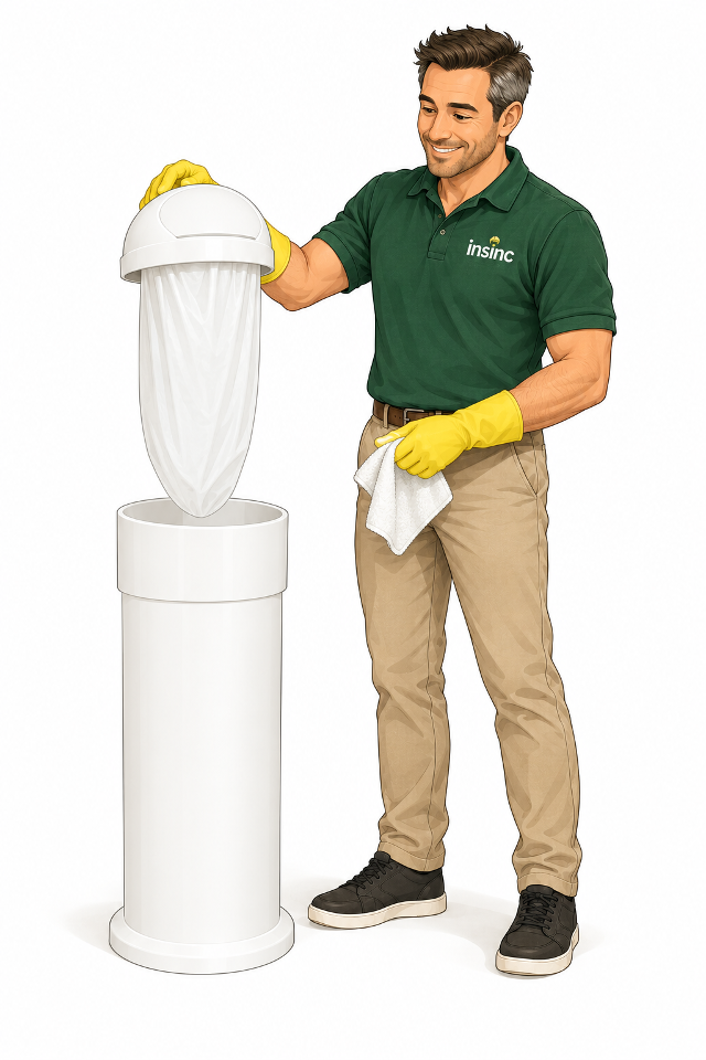 Male Alex lifting the attached lid and liner from a self-service sanitary bin
