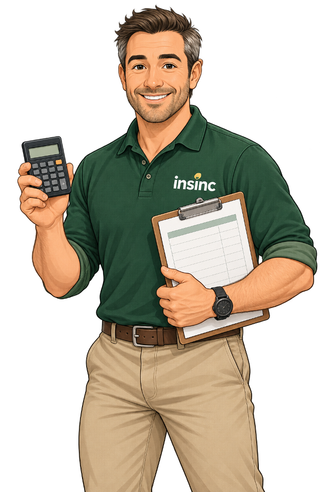 Male Alex reviewing cleaning costs with a calculator and clipboard